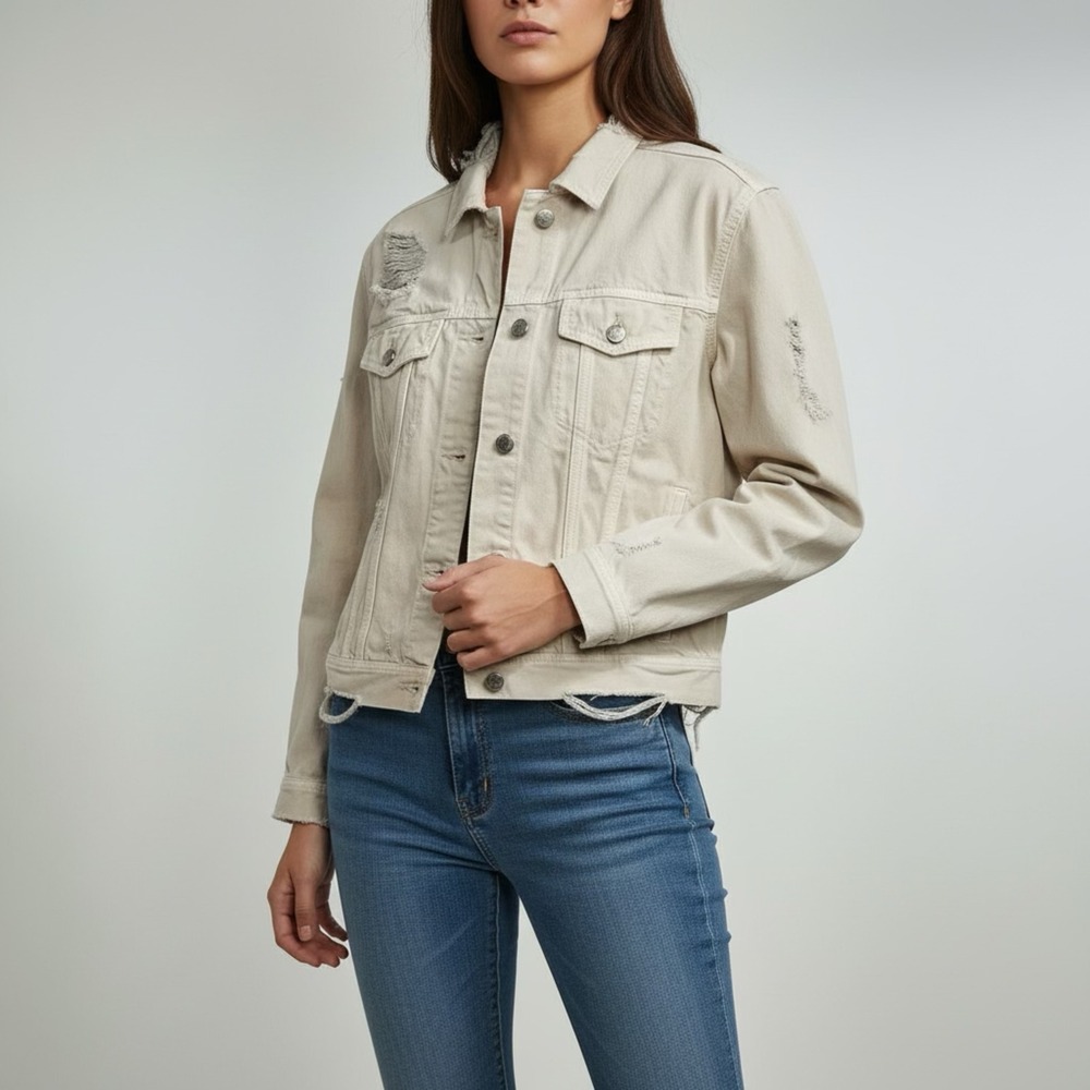 American Eagle Distressed Denim Jacket Tan‎ Khaki Trucker Jean Jacket Womens M
